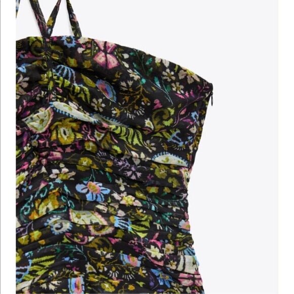Zara Halter Tie Smocked Ruched Strapless Bodycon Floral Mini Dress Size Small - Picture 2 of 9
